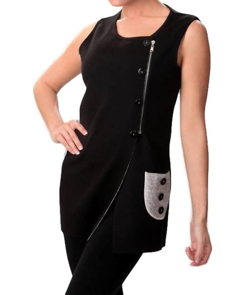 Front of a model wearing a size LG 2-Tone Asymmetrical Zip Vest in Black/Stone in Black/Stone by ANGEL. | dia_product_style_image_id:325818
